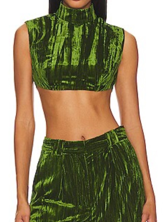NBD Tops - NBD Crinkled Velvet Backless Crop Top in Juniper Green